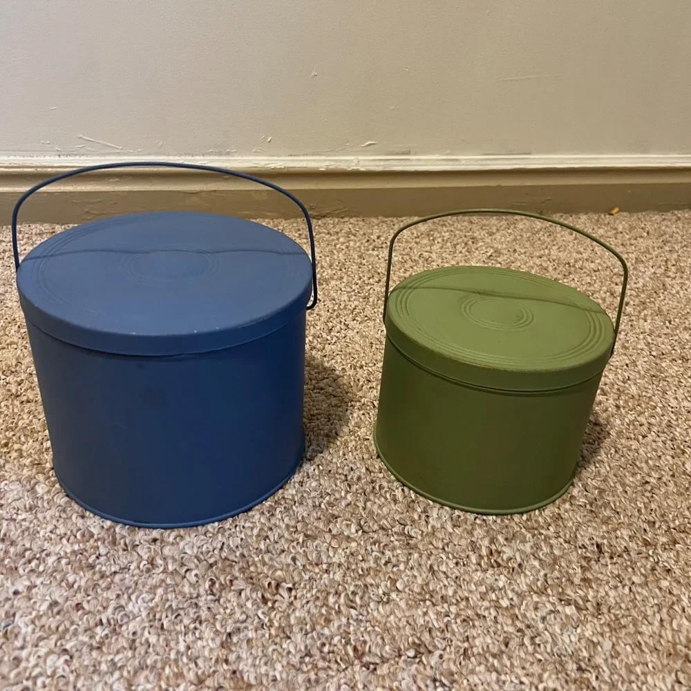 Vintage Style Metal Nesting Canisters Set of 2 Blue Green Farmhouse Tins Handles